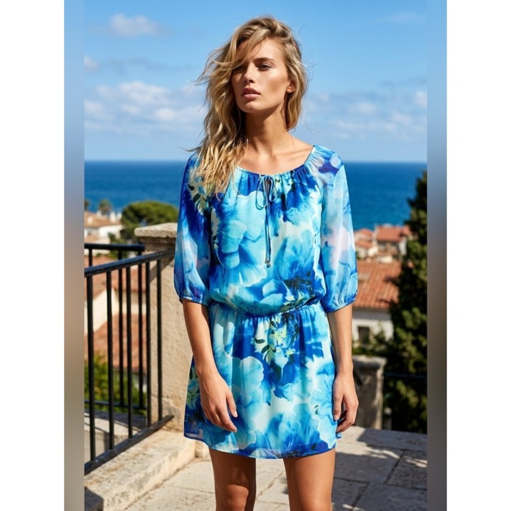 Boston Proper Blue Floral Chiffon Blouson Mini Dress Small Turquoise Watercolor